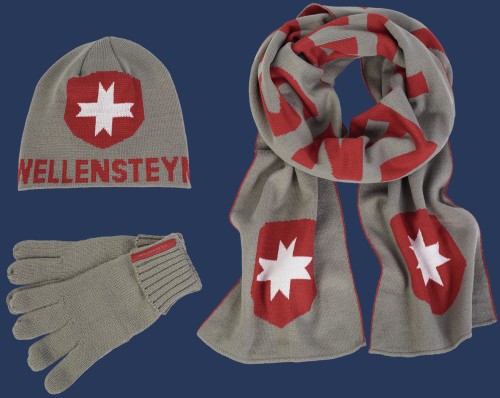 Damen Mützen Knit Hat Scarf Glove, Classicstrick, Grey/Red Winter KHSG-105-GRD-GRÖßE